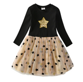 Star -  Girls Long Sleeve Sequin Star Tulle Skirt Dress.